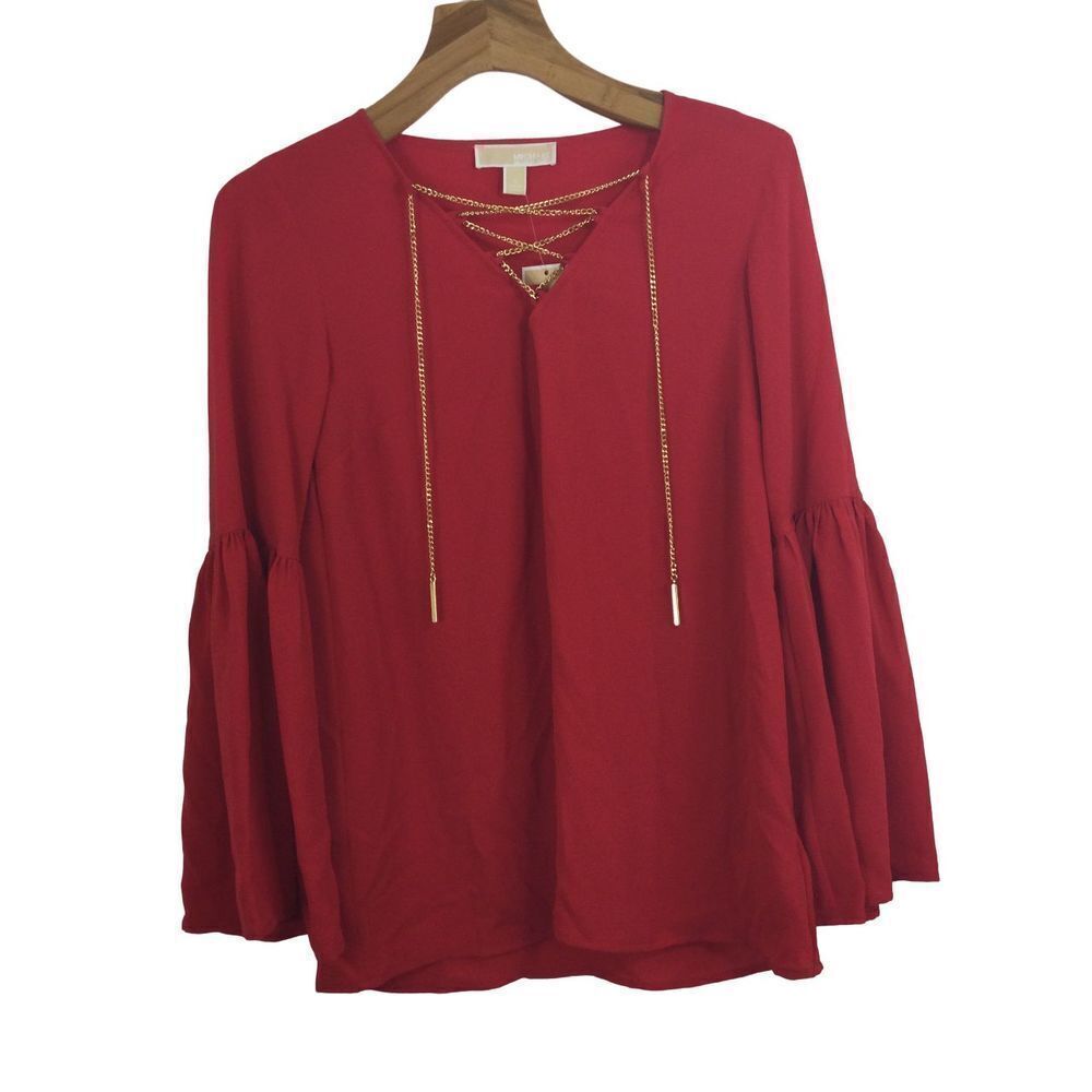 MICHAEL KORS Chain Lace Up Bell Sleeve Blouse Top True Red Size Small NWT
